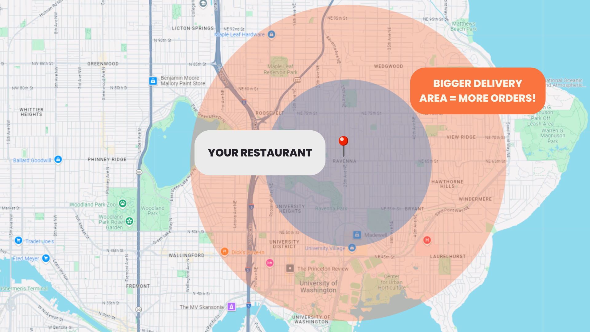 Map showing expanded delivery radius compared to standard delivery apps